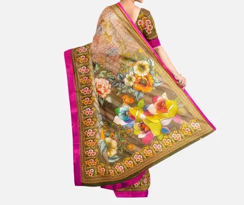 Floral Printed Saree with Pink Border-