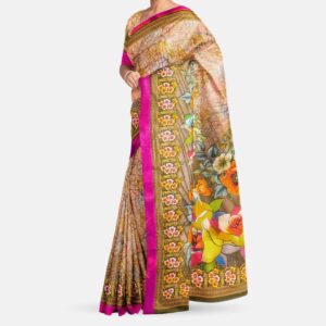 Floral Printed Saree with Pink Border