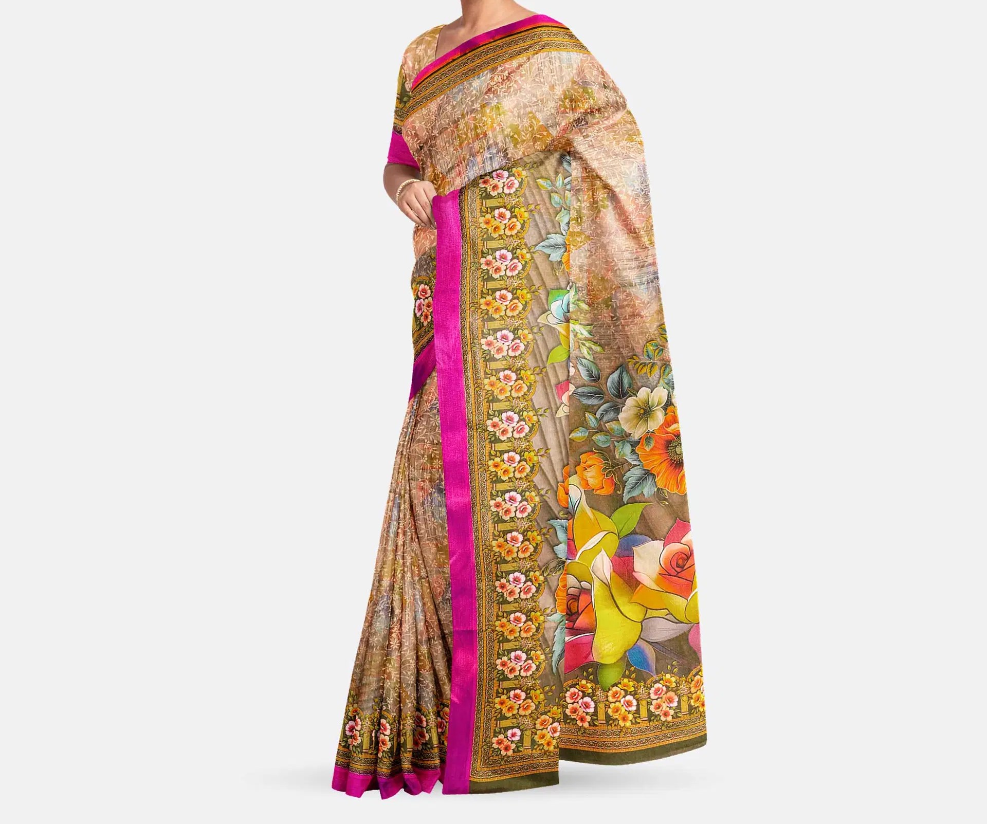 Floral Printed Saree with Pink Border