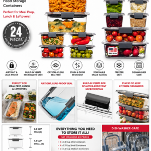 Rubbermaid Brilliance BPA-Free Food Storage Containers, 24-Piece Set, Airtight & Leakproof.